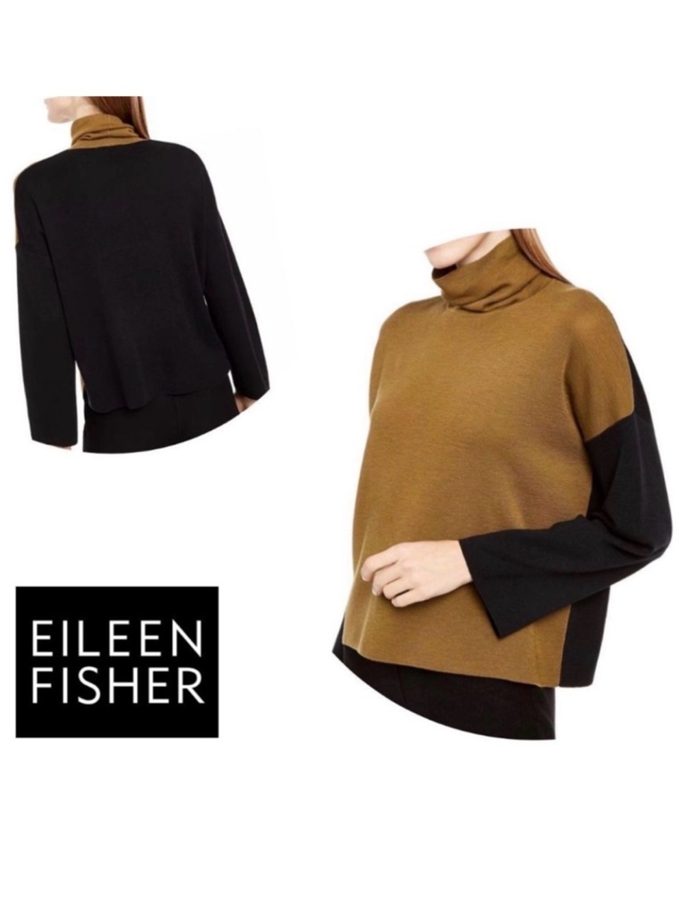 Eileen Fisher Green and Black Turtleneck Sweater XS